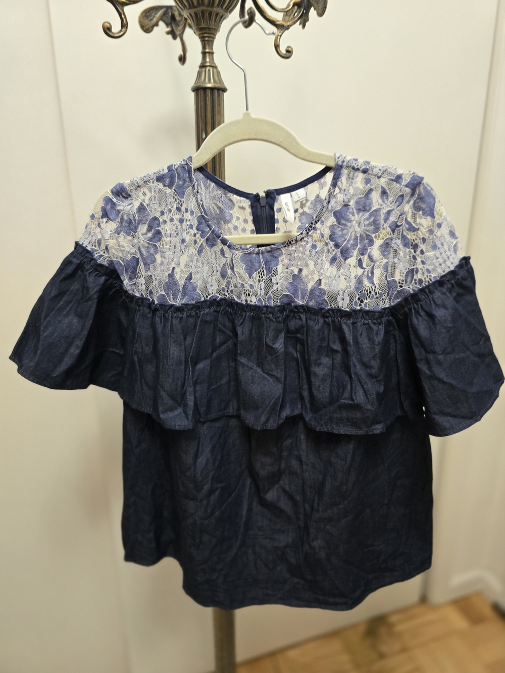 Kensie Navy Blue Lace Yoke Ruffle Blouse